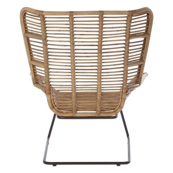 Grey Wash Natural Rattan Lounge Chair And Footstool Set With Black Iron Legs