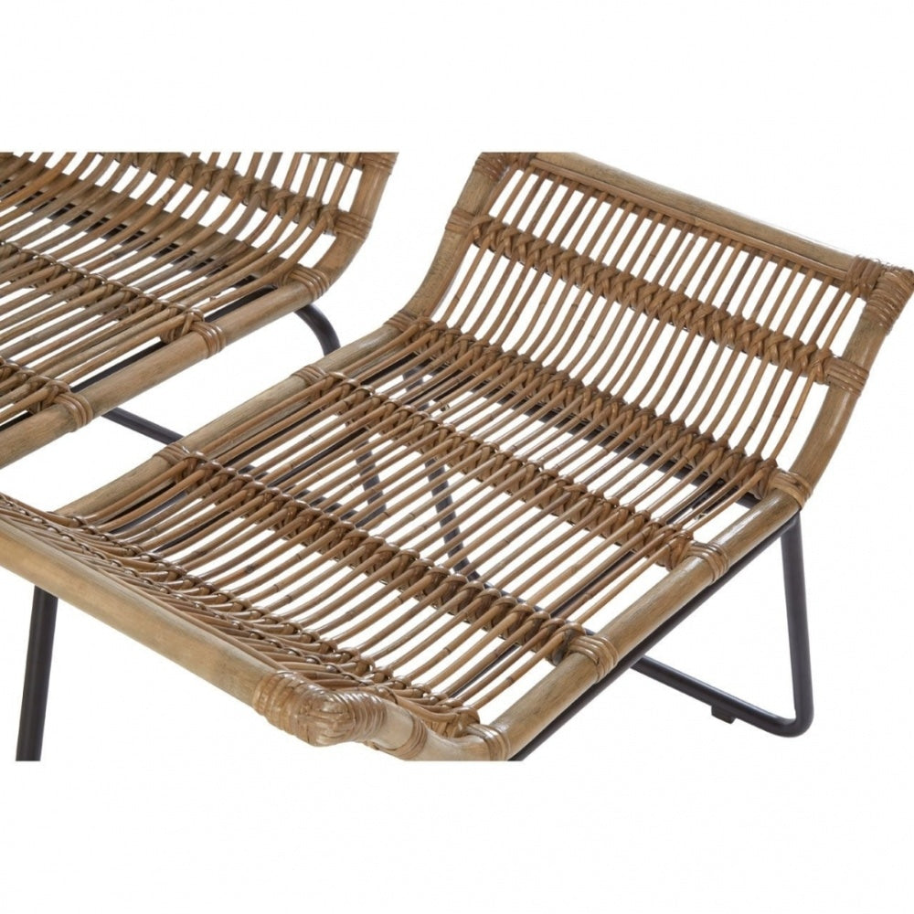 Grey Wash Natural Rattan Lounge Chair And Footstool Set With Black Iron Legs