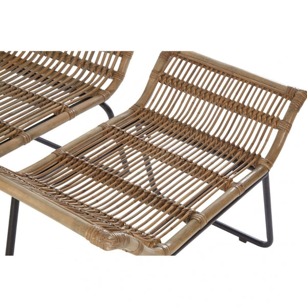 Grey Wash Natural Rattan Lounge Chair And Footstool Set With Black Iron Legs