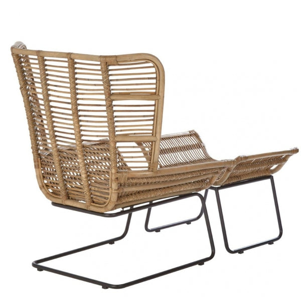Grey Wash Natural Rattan Lounge Chair And Footstool Set With Black Iron Legs