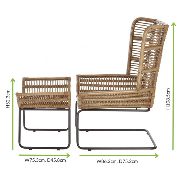Grey Wash Natural Rattan Lounge Chair And Footstool Set With Black Iron Legs