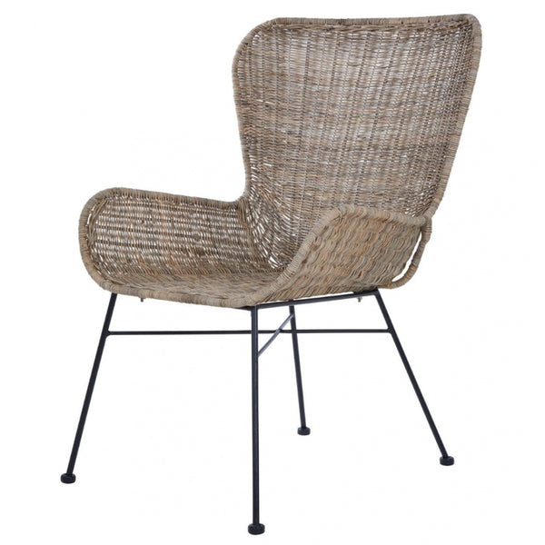Natural Rattan Curved Lounge Chair With Black Iron Legs