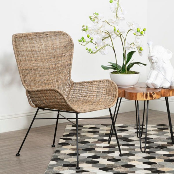 Natural Rattan Curved Lounge Chair With Black Iron Legs