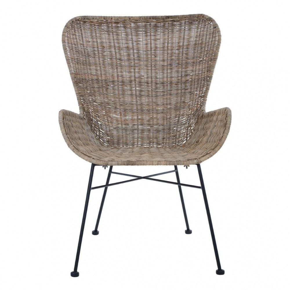 Natural Rattan Curved Lounge Chair With Black Iron Legs