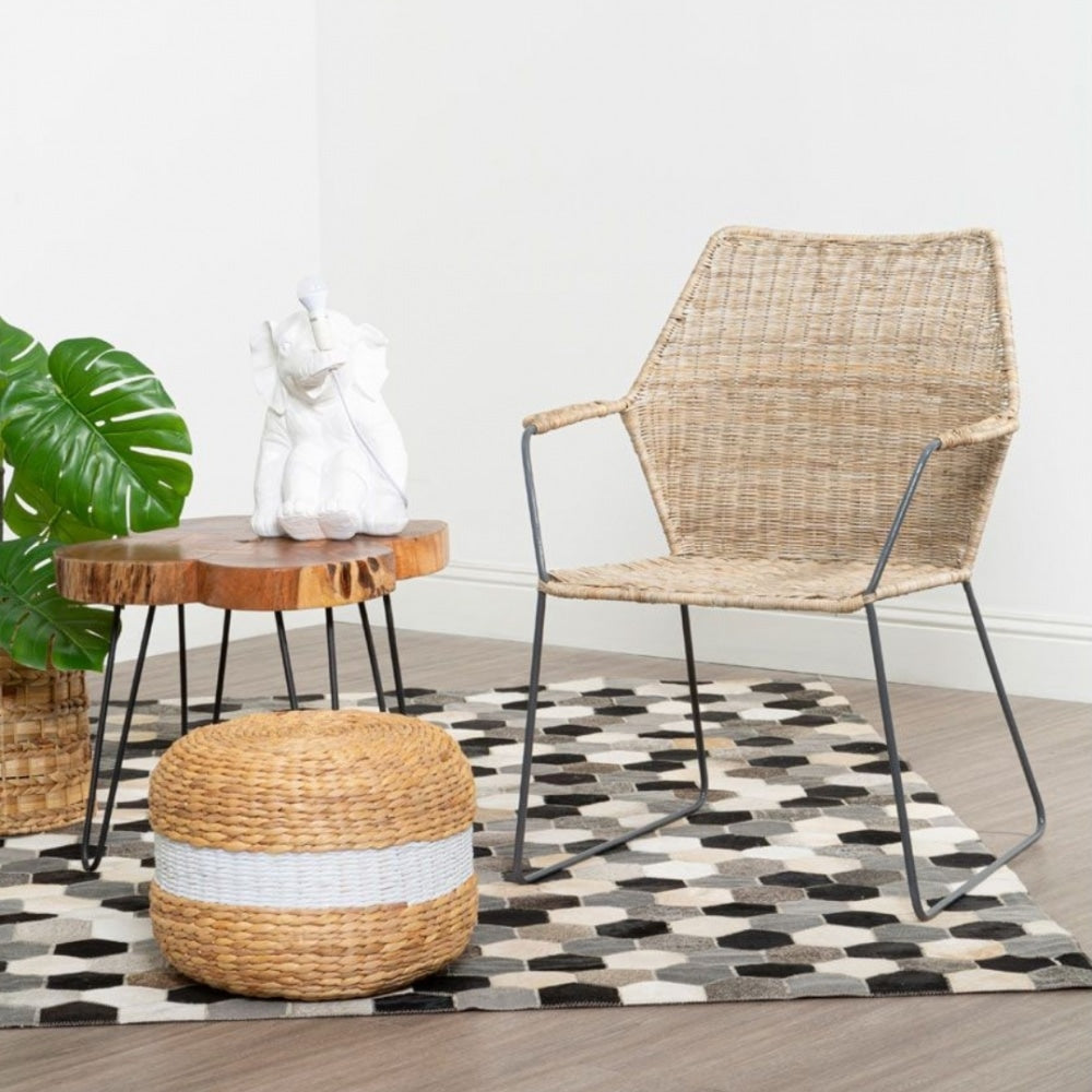 Natural Rattan Angled Armchair With Black Iron Legs