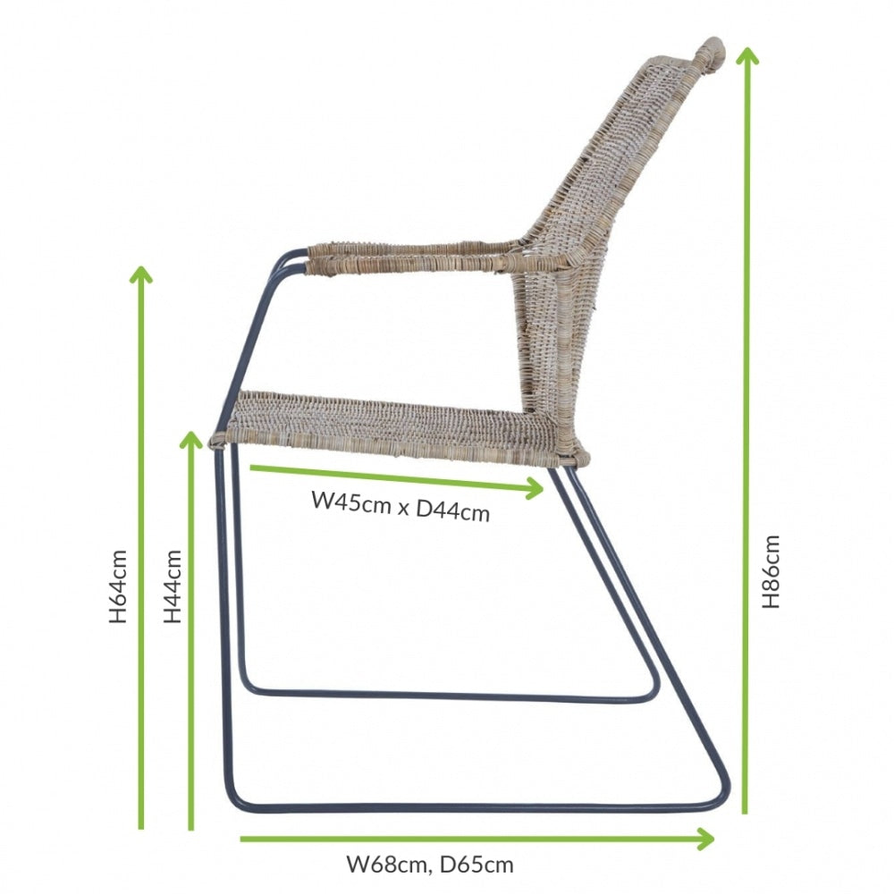 Natural Rattan Angled Armchair With Black Iron Legs