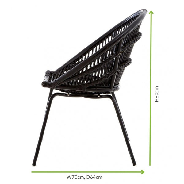 Black Natural Rattan Round Armchair With Black Metal Legs