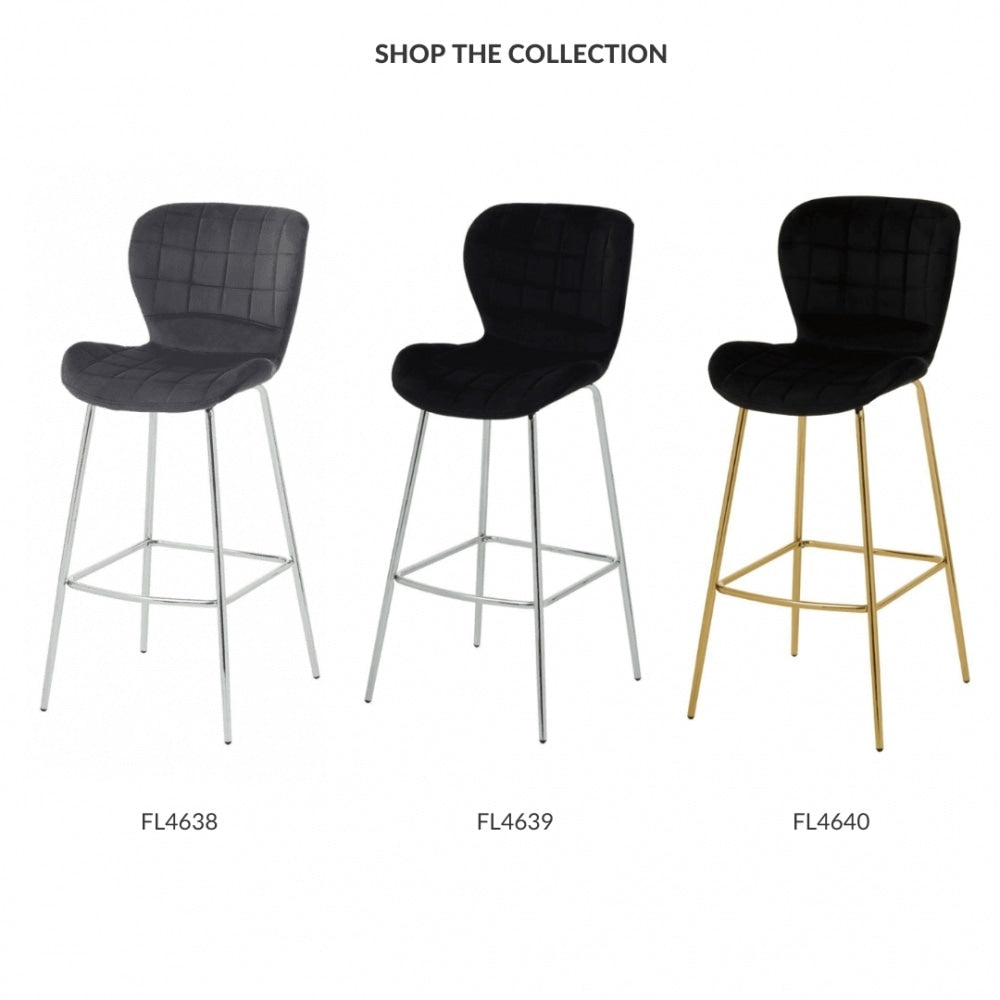 Quilted Black Velvet Barstool With Gold Metal Legs