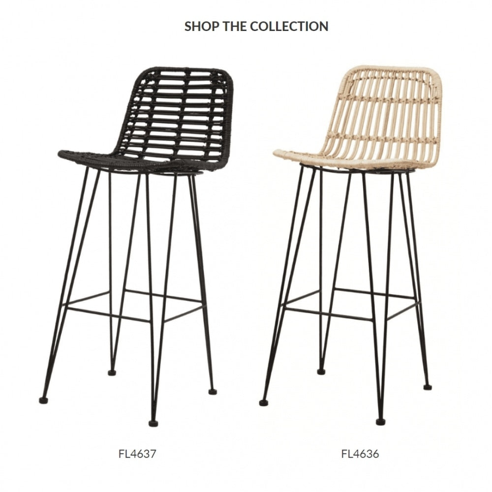 Black Natural Rattan Barstool With Black Metal Legs