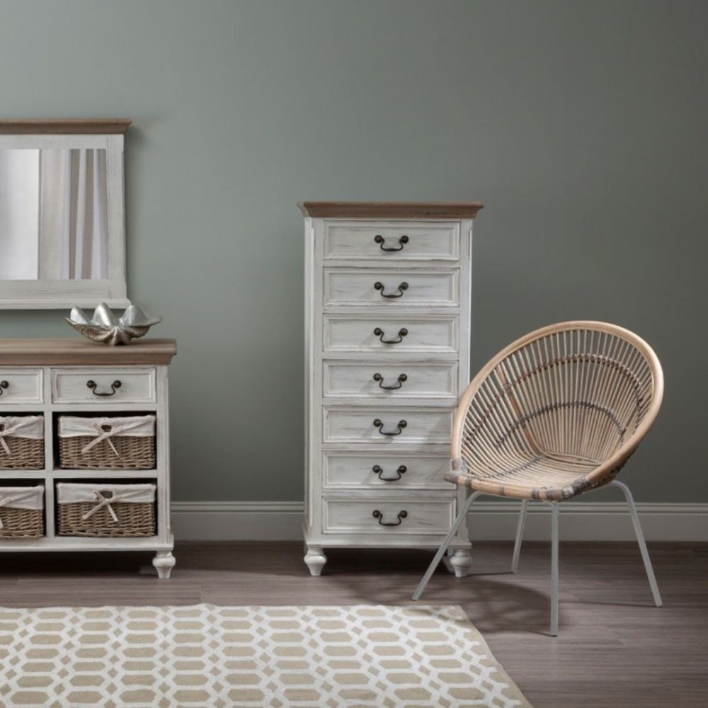 White Wash Natural Rattan Round Armchair With Grey Metal Legs
