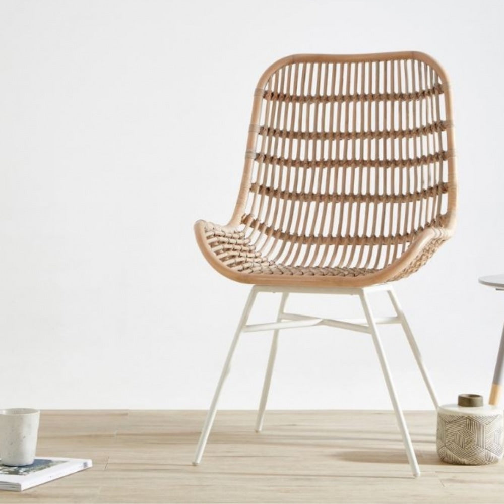 White Wash Natural Rattan Dining Chair With White Iron Legs