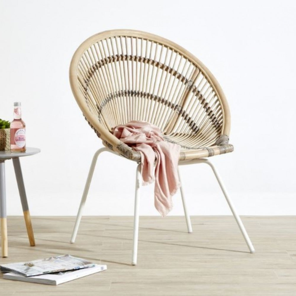 White Wash Natural Rattan Round Armchair With Grey Metal Legs