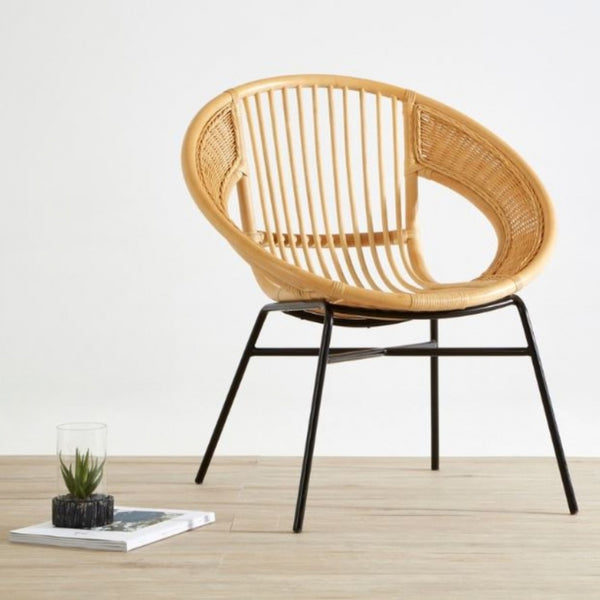 Natural Rattan Round Armchair With Black Iron Legs