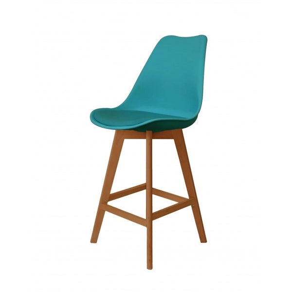 Soho Teal Plastic Bar Stool with Medium Wood Legs