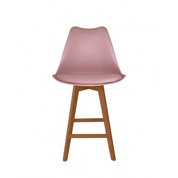 Soho Blush Pink Plastic Bar Stool with Medium Wood Legs