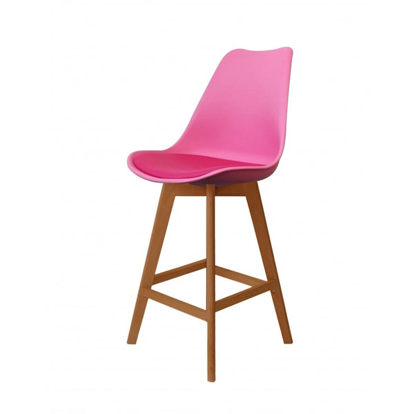 Soho Bright Pink Plastic Bar Stool with Medium Wood Legs