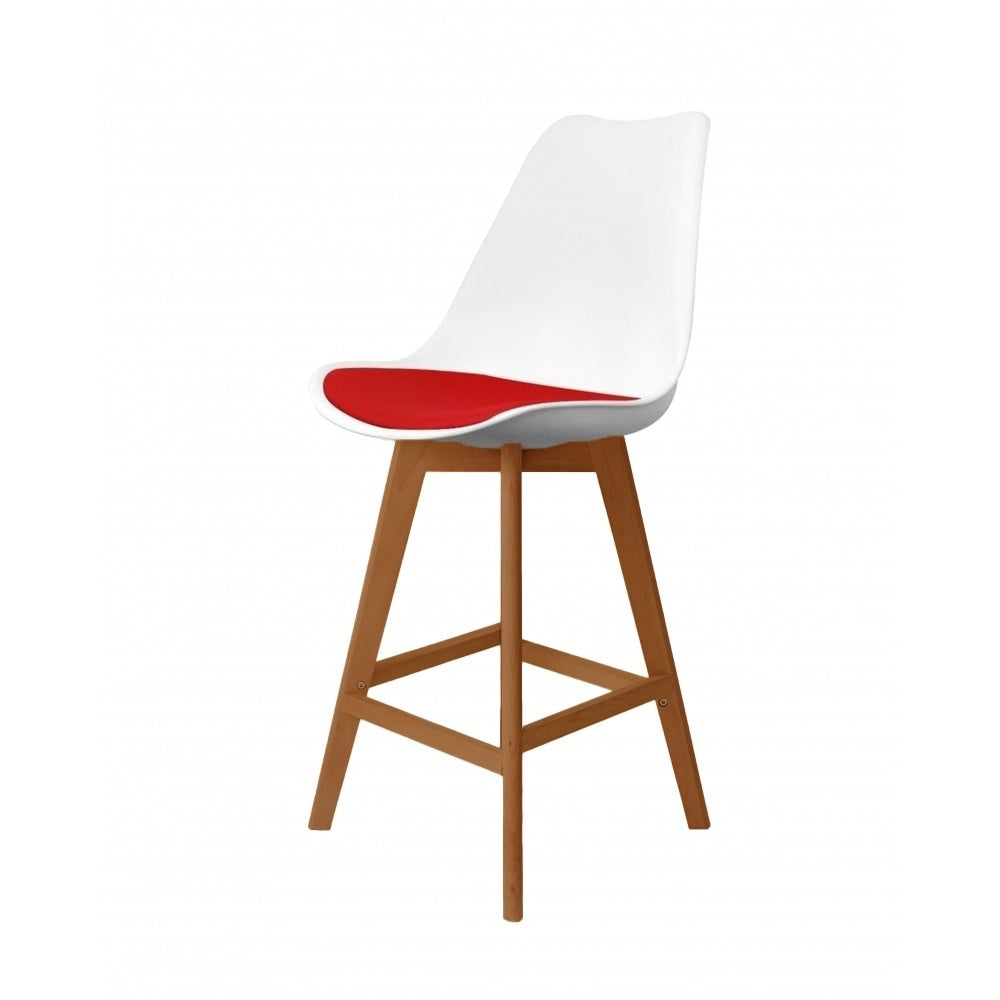 Soho White and Red Plastic Bar Stool with Medium Wood Legs