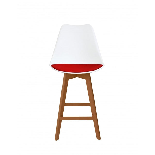 Soho White and Red Plastic Bar Stool with Medium Wood Legs