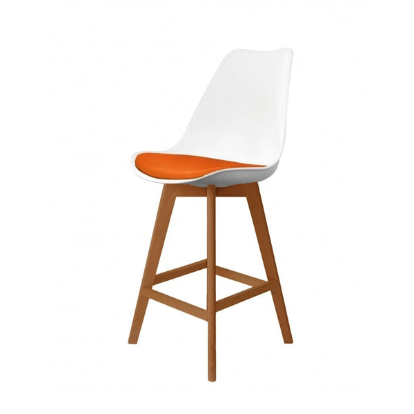 Soho White and Orange Plastic Bar Stool with Medium Wood Legs