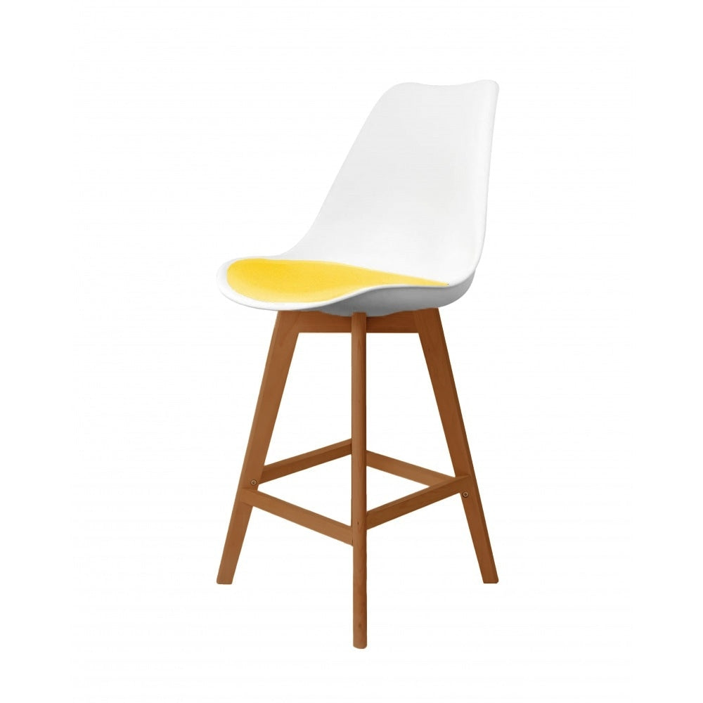 Soho White and Yellow Plastic Bar Stool with Medium Wood Legs