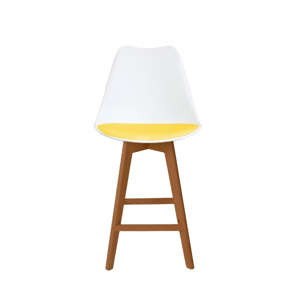 Soho White and Yellow Plastic Bar Stool with Medium Wood Legs