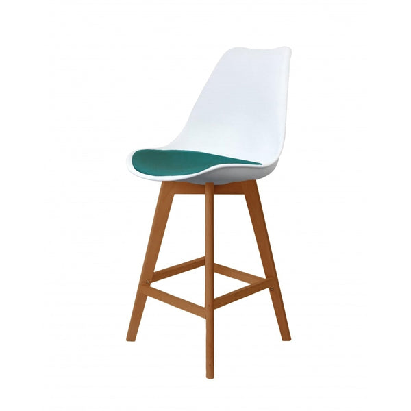 Soho White and Teal Plastic Bar Stool with Medium Wood Legs