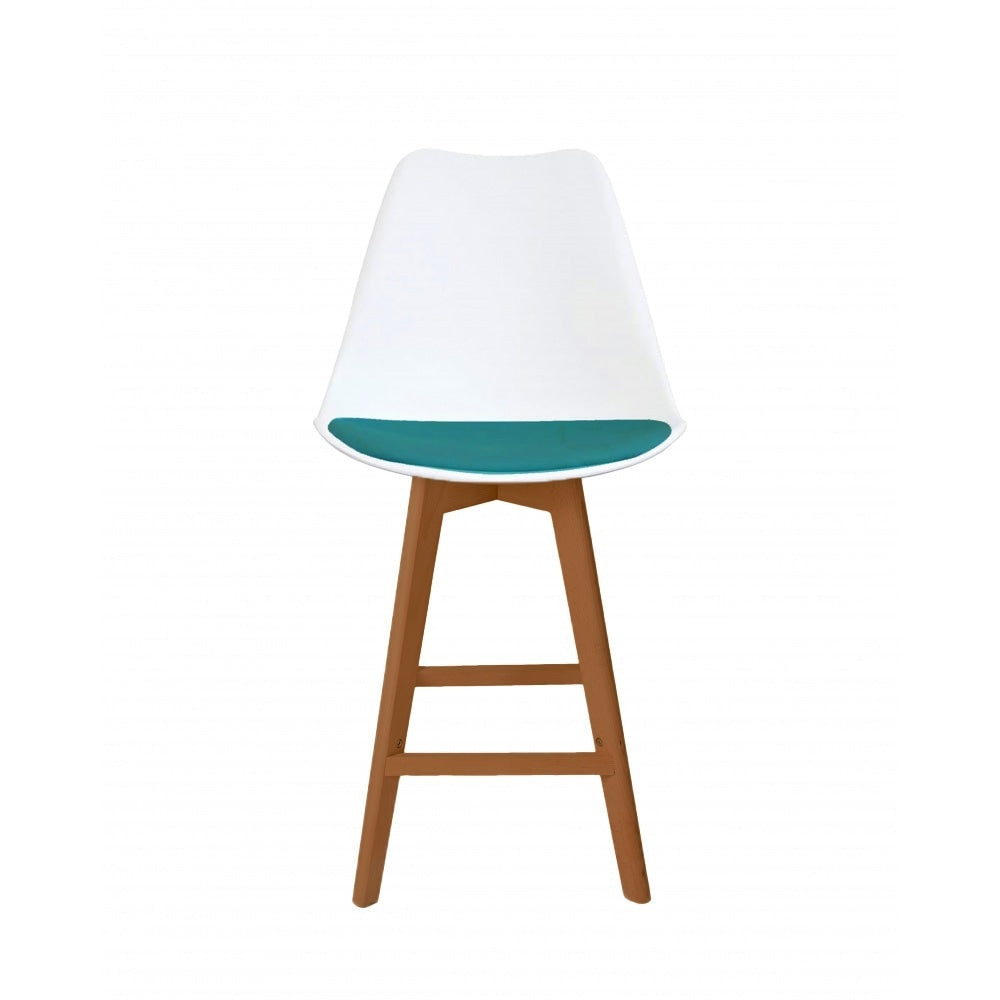 Soho White and Teal Plastic Bar Stool with Medium Wood Legs