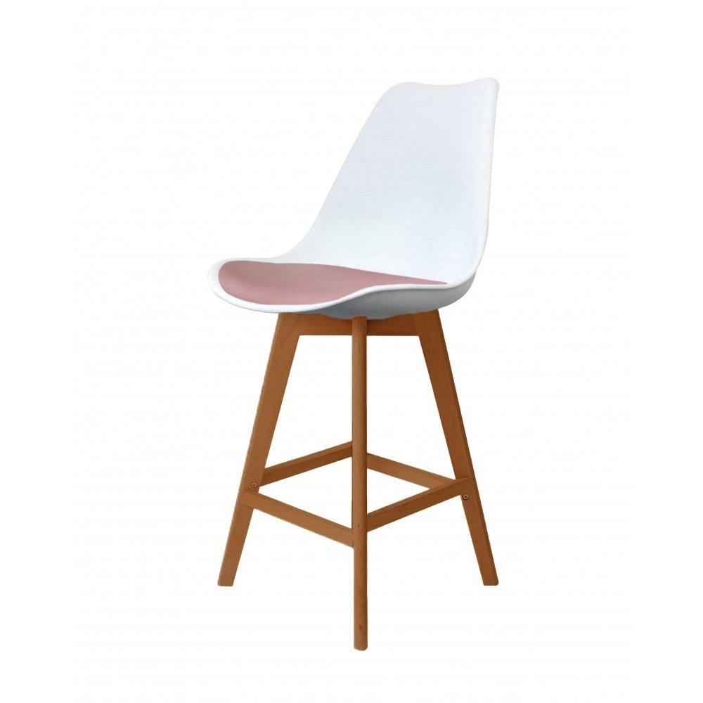 Soho White and Blush Pink Plastic Bar Stool with Medium Wood Legs