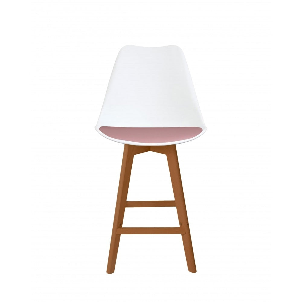 Soho White and Blush Pink Plastic Bar Stool with Medium Wood Legs
