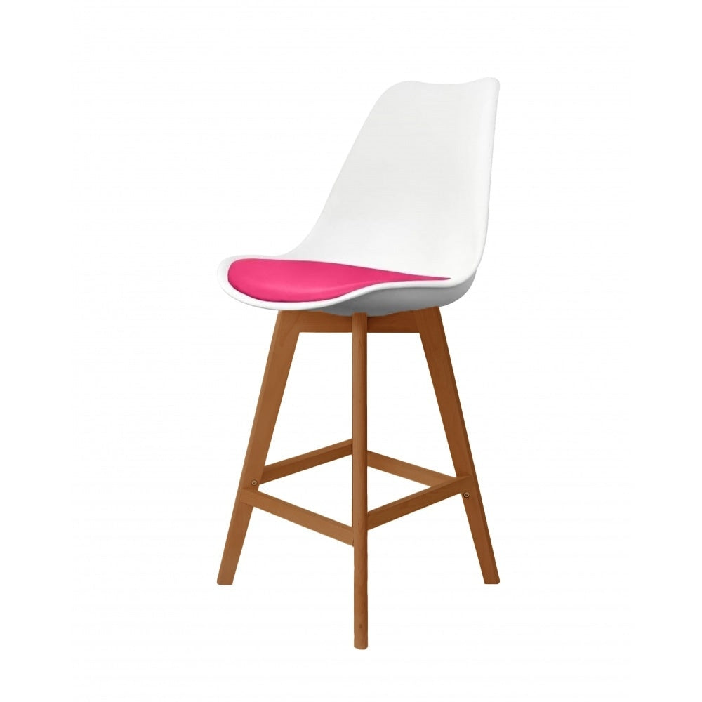 Soho White and Bright Pink Plastic Bar Stool with Medium Wood Legs
