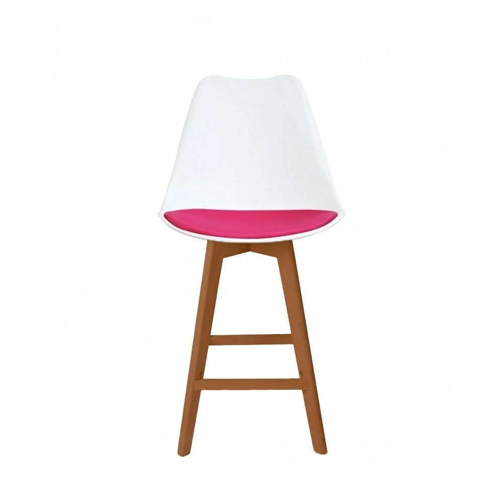 Soho White and Bright Pink Plastic Bar Stool with Medium Wood Legs