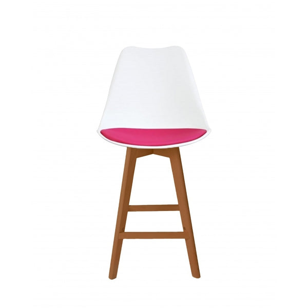 Soho White and Bright Pink Plastic Bar Stool with Medium Wood Legs