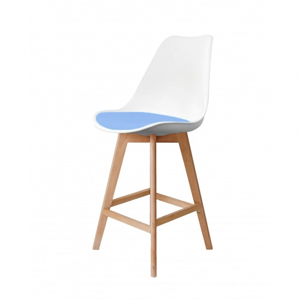 Soho White and Blue Plastic Bar Stool with Light Wood Legs