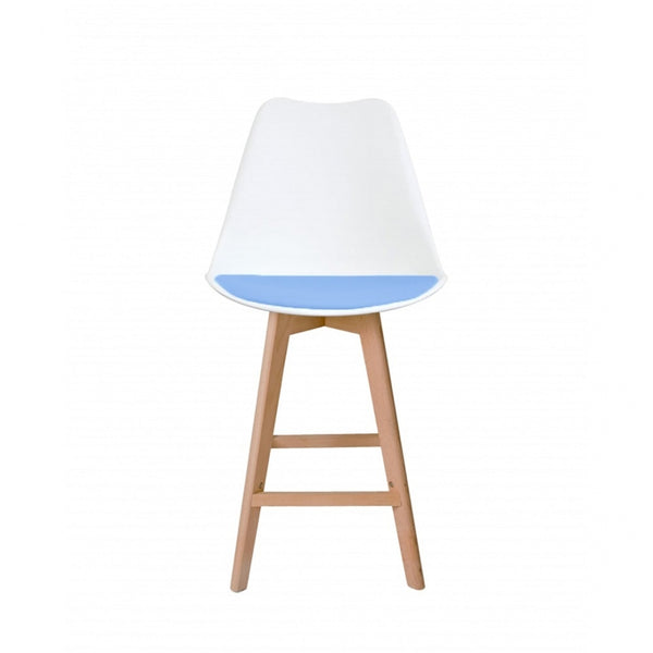 Soho White and Blue Plastic Bar Stool with Light Wood Legs