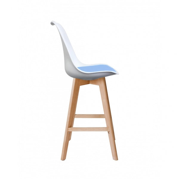 Soho White and Blue Plastic Bar Stool with Light Wood Legs