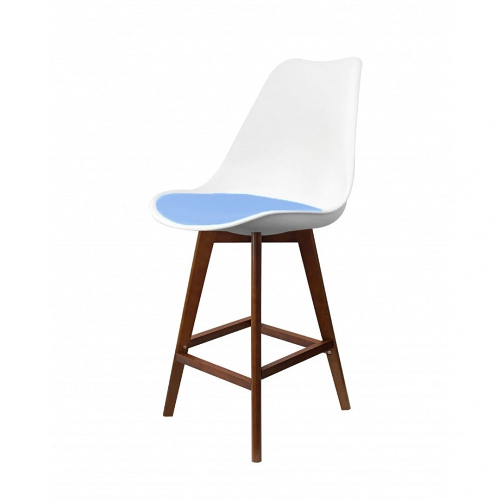 Soho White and Blue Plastic Bar Stool with Dark Wood Legs