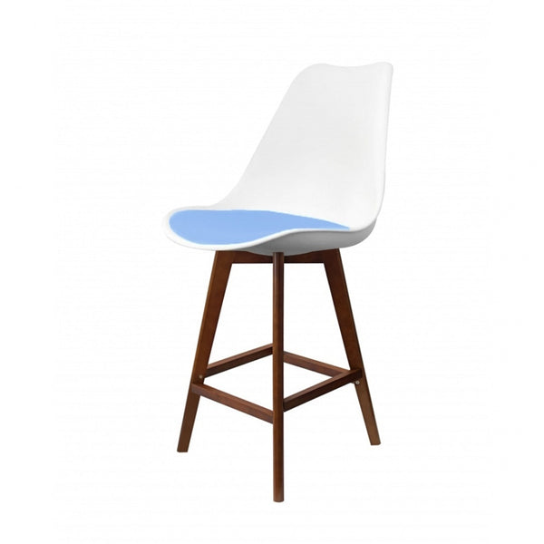 Soho White and Blue Plastic Bar Stool with Dark Wood Legs