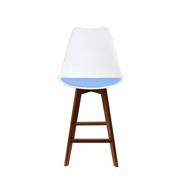 Soho White and Blue Plastic Bar Stool with Dark Wood Legs