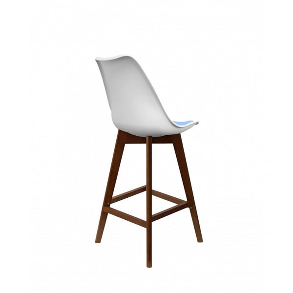 Soho White and Blue Plastic Bar Stool with Dark Wood Legs