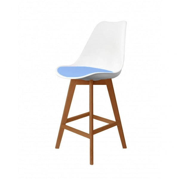 Soho White and Blue Plastic Bar Stool with Medium Wood Legs