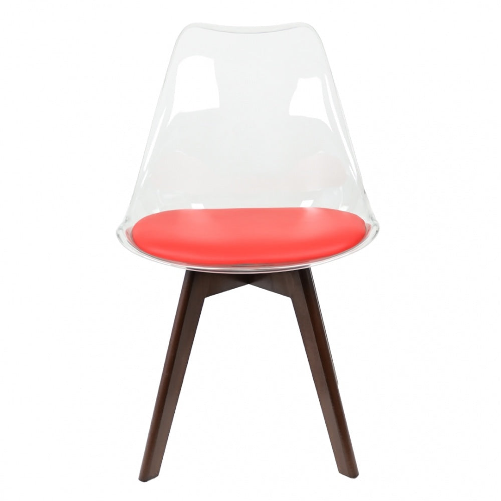 Soho Clear and Red Plastic Dining Chair with Squared Dark Wood Legs