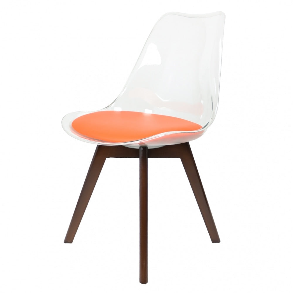 Soho Clear and Orange Plastic Dining Chair with Squared Dark Wood Legs