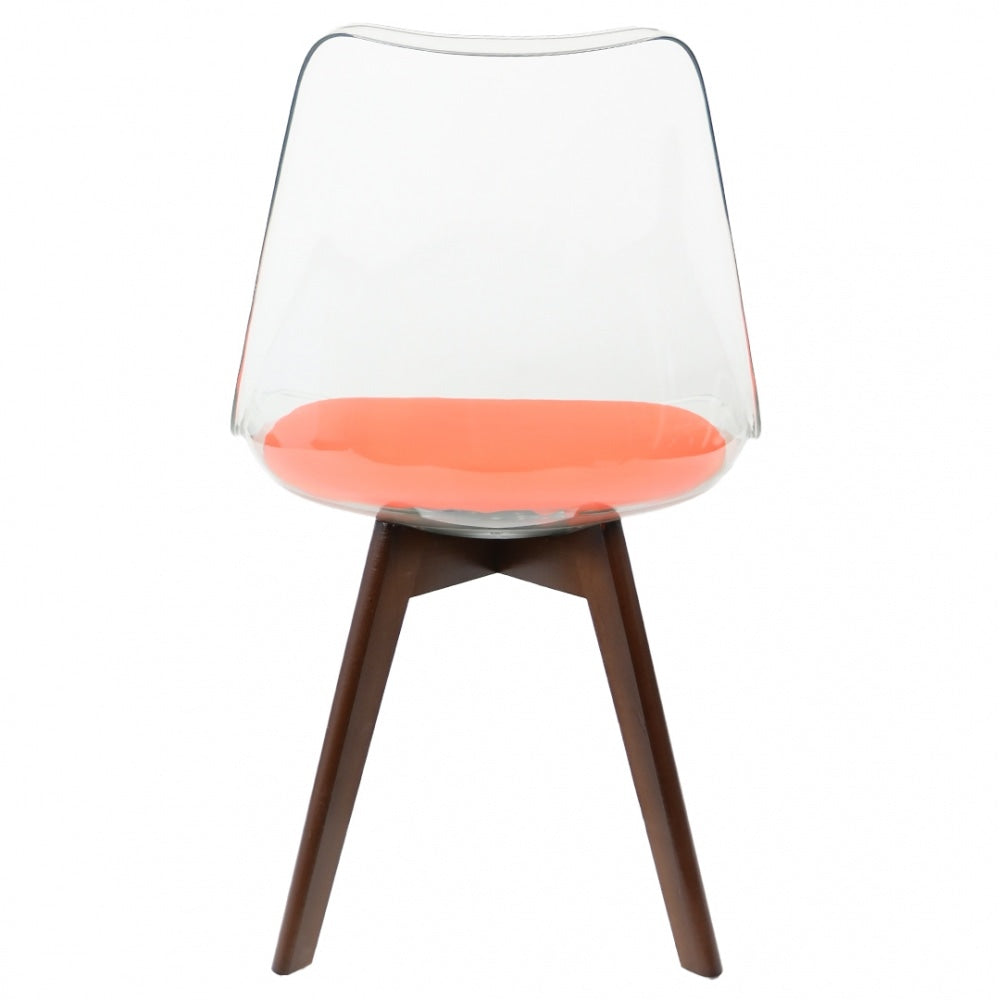Soho Clear and Orange Plastic Dining Chair with Squared Dark Wood Legs