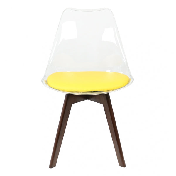 Soho Clear and Yellow Plastic Dining Chair with Squared Dark Wood Legs