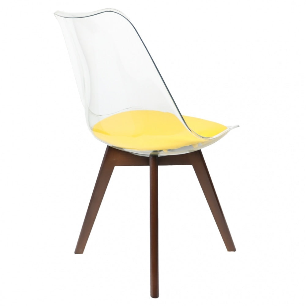 Soho Clear and Yellow Plastic Dining Chair with Squared Dark Wood Legs