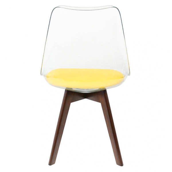 Soho Clear and Yellow Plastic Dining Chair with Squared Dark Wood Legs