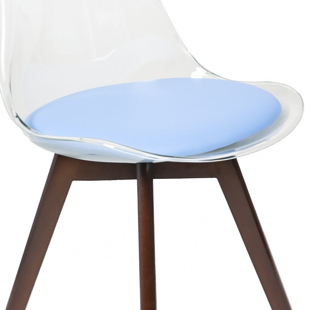 Soho Clear and Blue Plastic Dining Chair with Squared Dark Wood Legs