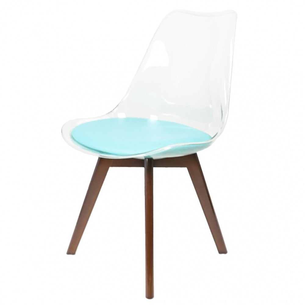 Soho Clear and Aqua Plastic Dining Chair with Squared Dark Wood Legs