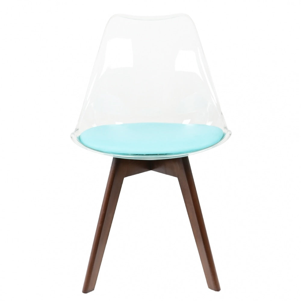 Soho Clear and Aqua Plastic Dining Chair with Squared Dark Wood Legs