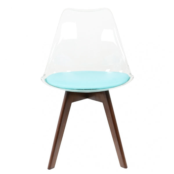 Soho Clear and Aqua Plastic Dining Chair with Squared Dark Wood Legs